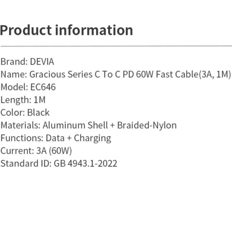 Câble Devia Gracious Series USB-C vers USB-C – PD 27V 3A 1 m Noir