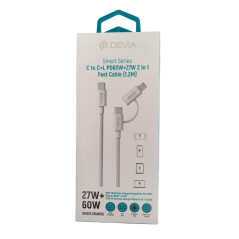 Câble Devia 2-en-1 – Type-C vers Type-C & Lightning, 60W, 1,2 m, Blanc