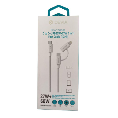 Câble Devia 2-en-1 – Type-C vers Type-C & Lightning, 60W, 1,2 m, Blanc