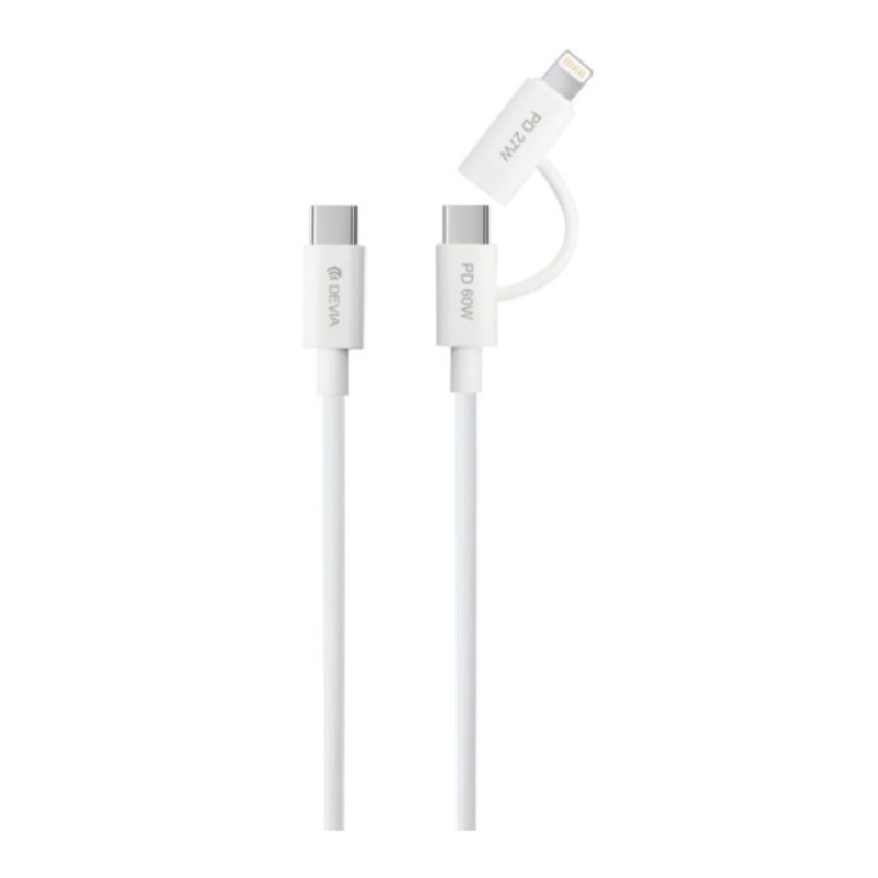 2-in-1 Cable Devia – Type-C to Type-C & Lightning, 60W, 1.2 m, White