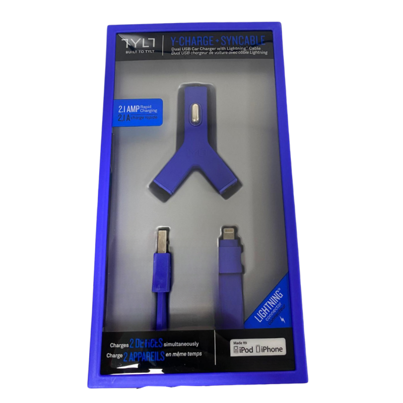 Kit Chargeur allume-cigare USB*2 + Cable Lighting TYLT 2.1A MFi - Bleu Kit Chargeur allume-cigare USB*2 + Cable Lighting TYLT 2.1A MFi - Bleu