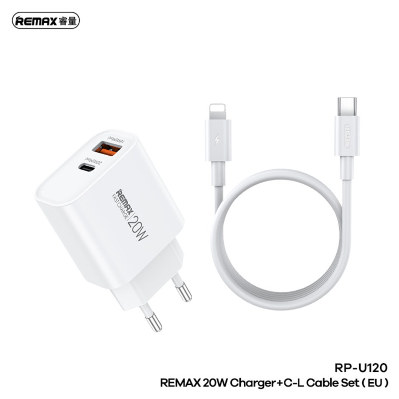 Charger Kit REMAX Kiddy Series RP-U120 – 20W, USB + Type-C, Type-C to Lightning Cable, White, EU Plug Charger Kit REMAX Kiddy Series RP-U120 – 20W, USB + Type-C, Type-C to Lightning Cable, White, EU Plug