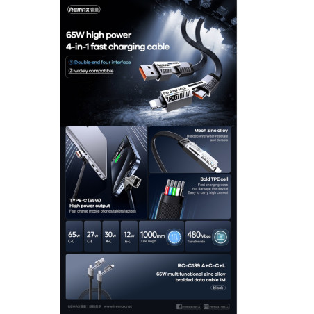 Câble 4-en-1 REMAX RC-C189 – USB/USB-C vers Lightning/USB-C 65W 1 m Noir