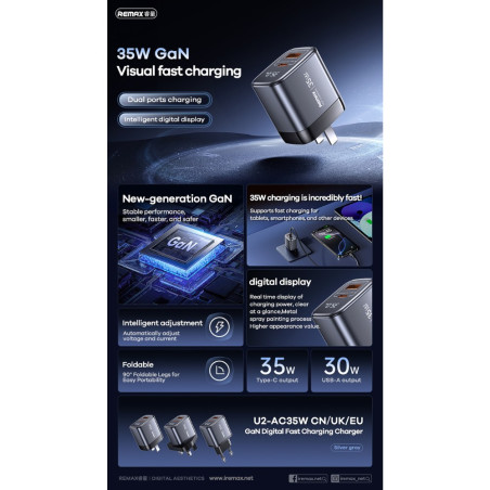 Chargeur GaN REMAX U2-AC35W – 35 W Argent, prise EU