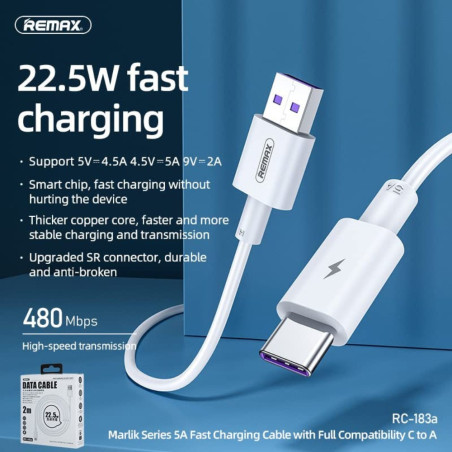 Câble USB vers USB-C Remax RC-183a Série Marlik – 22,5 W, 2 m, blanc