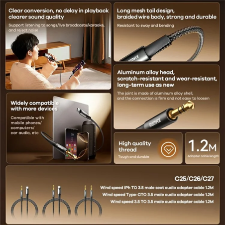 Câble audio jack 3,5 mm vers jack 3,5 mm REMAX C27 – 1,2 m