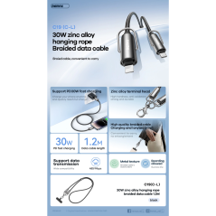 Câble collier tressé ajustable REMAX C19 – USB-C vers Lightning 30 W, 1,2 m, Noir
