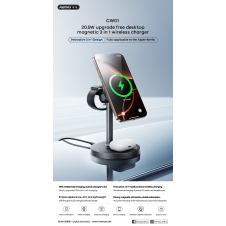Chargeur sans fil magnétique 3-en-1 Remax CW01 – Noir 20,5W