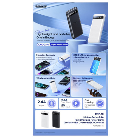 Batterie externe REMAX Hintom RPP-10 – 10 000 mAh 2 USB + USB-C Noir