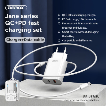 Chargeur rapide GaN Remax RP-U37 – 20W Blanc avec câble USB-C vers Lightning