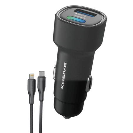 Chargeur voiture Xssive XSS-CC40L – 48W PD+QC3.0, câble Type-C vers 8 Pin, Noir
