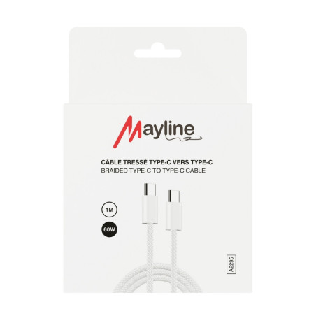 Câble Mayline USB-C vers USB-C 60W – nylon tressé 1 m compatible iPhone/Samsung