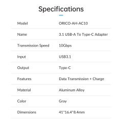 Adaptateur USB vers USB-C Orico AH-AC10 | Smarty