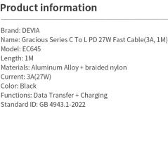 Devia USB-C to Lightning cable 27V 3A | Smarty