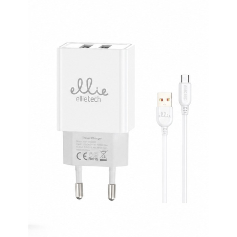 Kit chargeur 2 USB Ellietech CD316 – câble USB-C 1 m Blanc 5V/2,4A