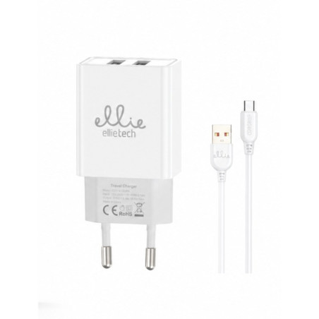 Kit chargeur 2 USB Ellietech CD316 – câble USB-C 1 m Blanc 5V/2,4A