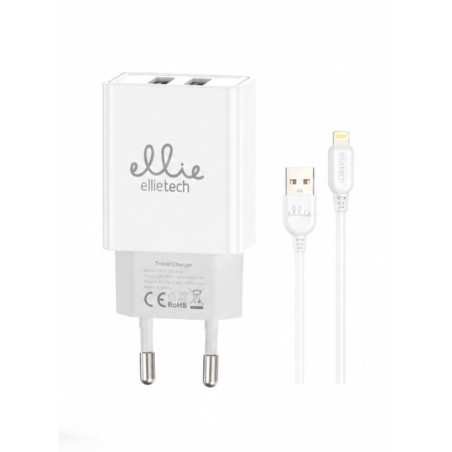 Kit chargeur 2 USB Ellietech CD317 – câble Lightning 1 m Blanc 5V/2,4A