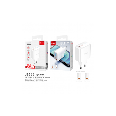 Adaptateur Secteur 2 Ports USB + Type-C / QC3.0 + 20W PD - D-power J85