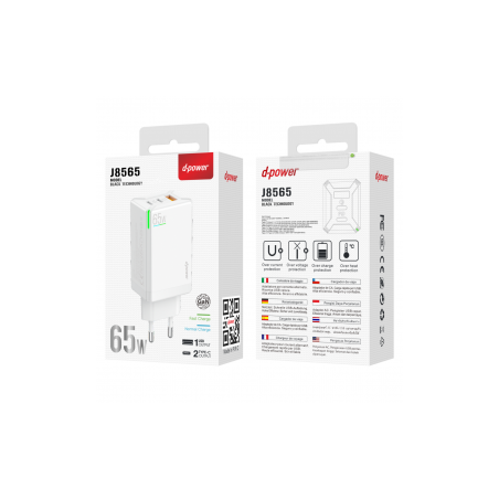 Adaptateur Secteur 65W 3 Ports 1USB + 2 Type-C - D-power J8565 - Blanc