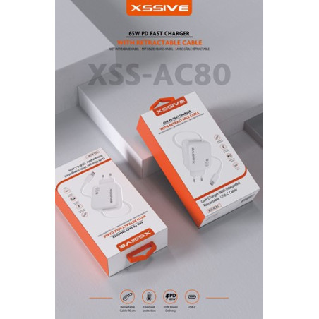 Chargeur rapide XSSIVE XSS-AC80 – 65W USB-C rétractable Blanc