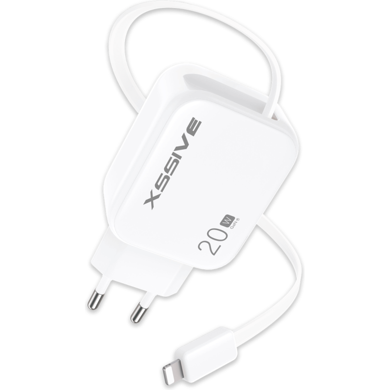Chargeur rapide XSSIVE XSS-AC78L – 20W Lightning rétractable Blanc Chargeur rapide XSSIVE XSS-AC78L – 20W Lightning rétractable Blanc