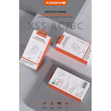 Chargeur XSSIVE XSS-AC78C – 20 W avec câble rétractable USB-C Blanc