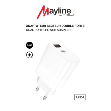 Chargeur secteur Mayline double port 20W – USB QC 3.0 et USB-C PD