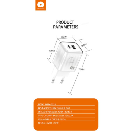 Kit chargeur USB et Type-C GaN WUW C228 – 30W