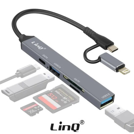 Hub Type-C/Lightning LinQ IT7943 – 6-en-1, USB 2.0, USB 3.0, USB-C, SD, TF