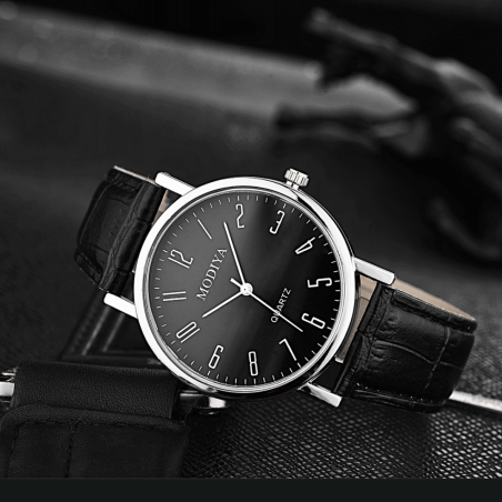 Men's Quartz Watch Modiya – White Dial Black PU Strap Numeric Markers