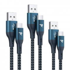 Câble USB / USB-C Nylon Tressé RAMPOW RAC-29 Bleu - 1m/2m/3m - Pack de
