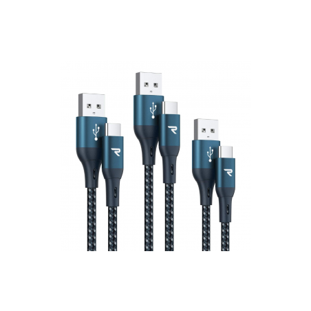 Câble USB / USB-C Nylon Tressé RAMPOW RAC-29 Bleu - 1m/2m/3m - Pack de