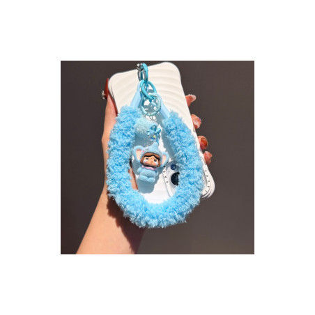Lanière Téléphone Poignet Moelleuse Bleu avec Porte-clés Poupée et Pom