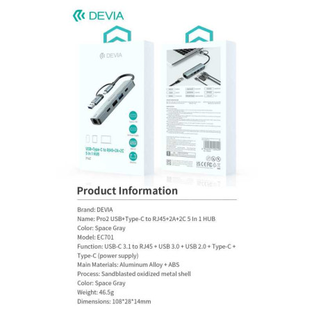 HUB Type-C 5 en 1 DEVIA USB*2 + PD 3.0 + RJ45 — Devia · Smar