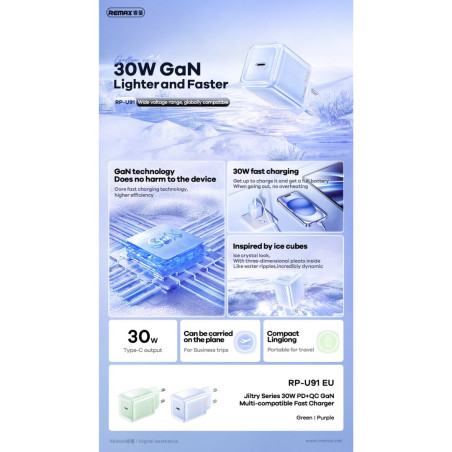 Chargeur GaN REMAX RP-U91 Jiltry Series – 30W PD + QC, vert, prise EU