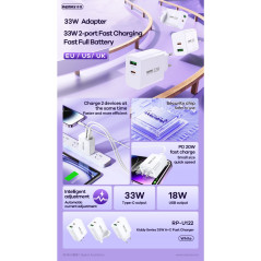 Charger REMAX Kiddy Series RP-U122 – 33W, USB + Type-C, White, EU Plug