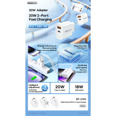 Chargeur 20W REMAX RP-U120 USB Type-C blanc