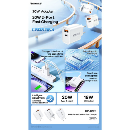 Wall Charger REMAX Kiddy Series RP-U120 – 20W, USB + Type-C, White, EU Plug