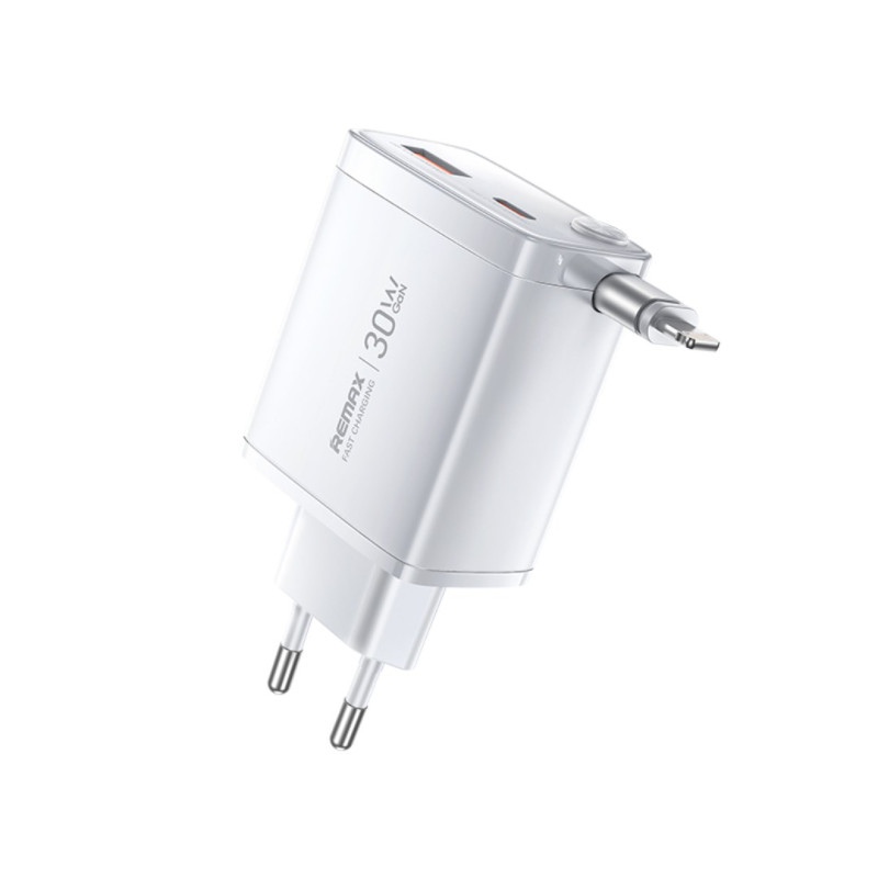 Chargeur GaN REMAX U02-AC30Wi – 30W, câble Lightning télescopique, blanc, prise EU Chargeur GaN REMAX U02-AC30Wi – 30W, câble Lightning télescopique, blanc, prise EU