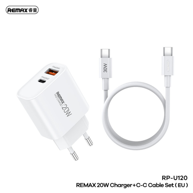 Kit chargeur REMAX Kiddy Series RP-U120 – 20W, USB + Type-C, câble Type-C vers Type-C, blanc, prise EU Kit chargeur REMAX Kiddy Series RP-U120 – 20W, USB + Type-C, câble Type-C vers Type-C, blanc, prise EU