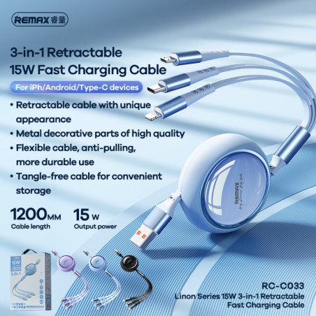 3-in-1 Cable REMAX Linon RC-C033 – USB/Lightning/USB-C/Micro USB 15W 1.2 m Purple
