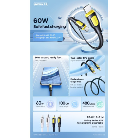 USB-C Cable REMAX Ruinay RC-C111 – USB-C to USB-C 60W 1 m Black