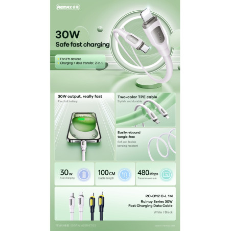 Cable REMAX Ruinay RC-C112 – USB-C to Lightning 30W 1 m White