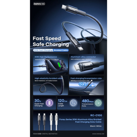 USB-C Cable REMAX Fonsu RC-C100 – USB-C to USB-C 30W 1.2 m Black