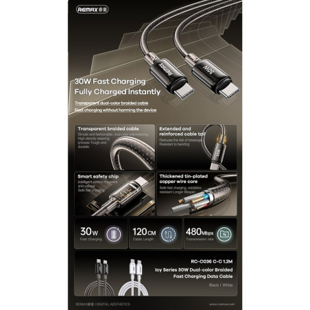 Cable REMAX Icy Series RC-C036 – USB-C to USB-C 30W 1.2 m White