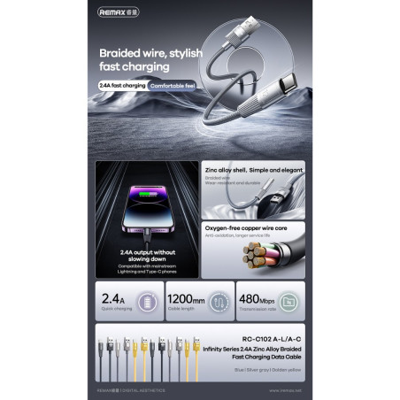 Cable REMAX Infinity Series RC-C102 – USB-A to USB-C 2.4A 1.2 m Gold