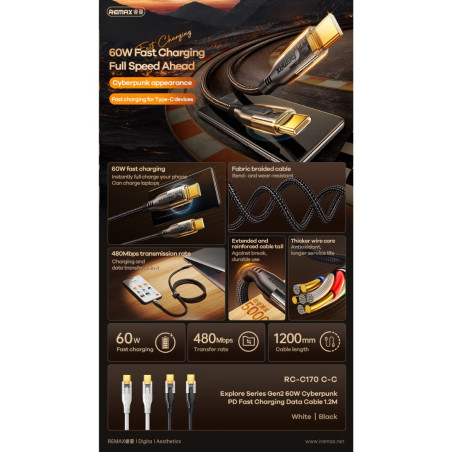 Cable REMAX Explore Gen2 RC-C170 – USB-C to USB-C 60W 1.2 m Black