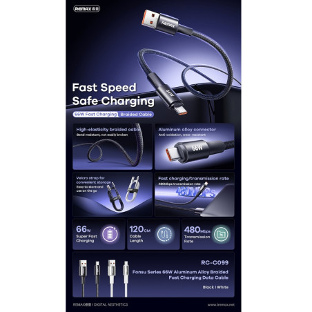 Câble USB vers USB-C REMAX Fonsu RC-C099 – 66W tressé 1,2 m Blanc