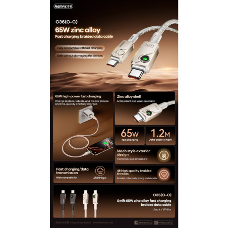 Câble USB-C vers USB-C REMAX Swift C36 – 65W tressé 1,2 m Blanc