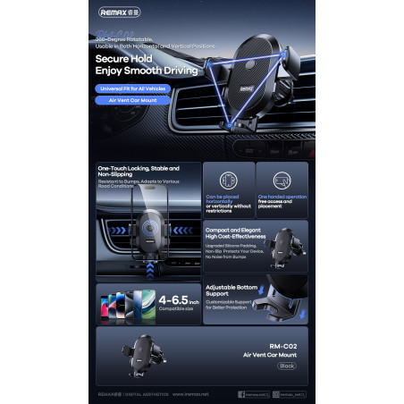 Support téléphone voiture REMAX RM-C02 – rotation 360°, antidérapant, Noir